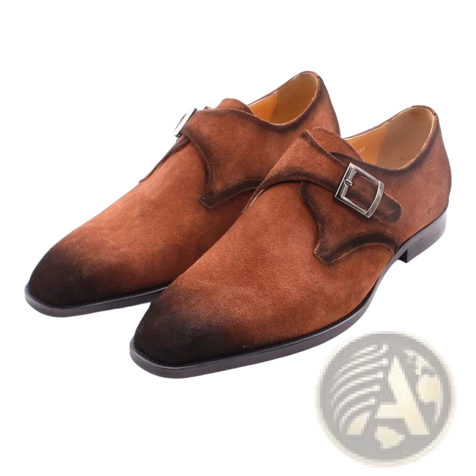 Brown suede monk strap shoes with a dark brown toe cap and silver-toned buckle.