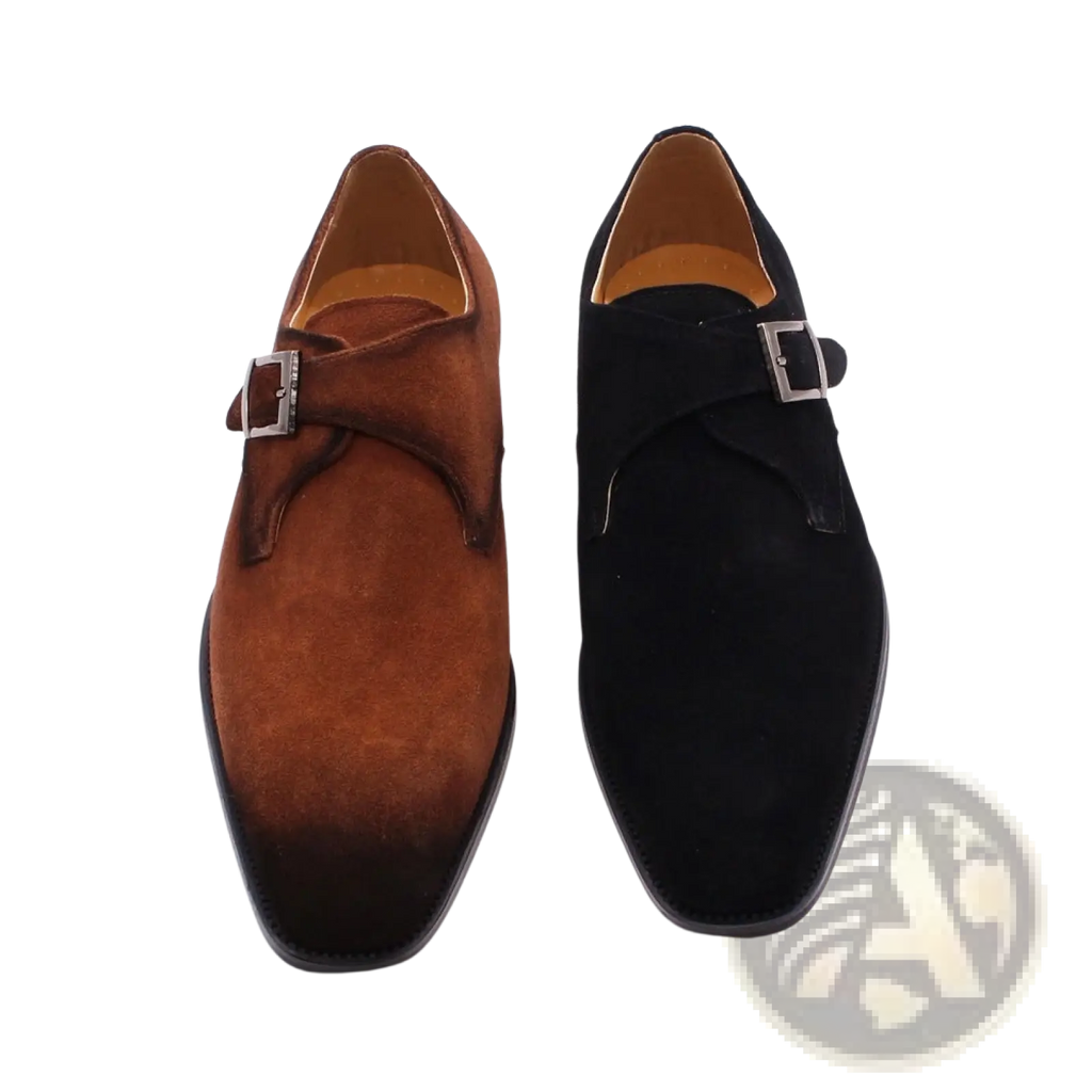 Handmade suede monk strap shoes for men in rich brown with dark toe and solid black featuring silver buckles