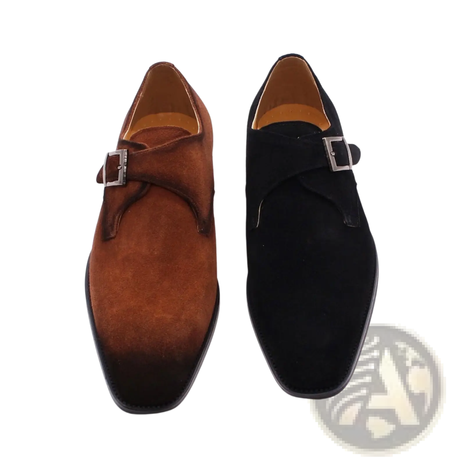 Handmade suede monk strap shoes for men in rich brown with dark toe and solid black featuring silver buckles