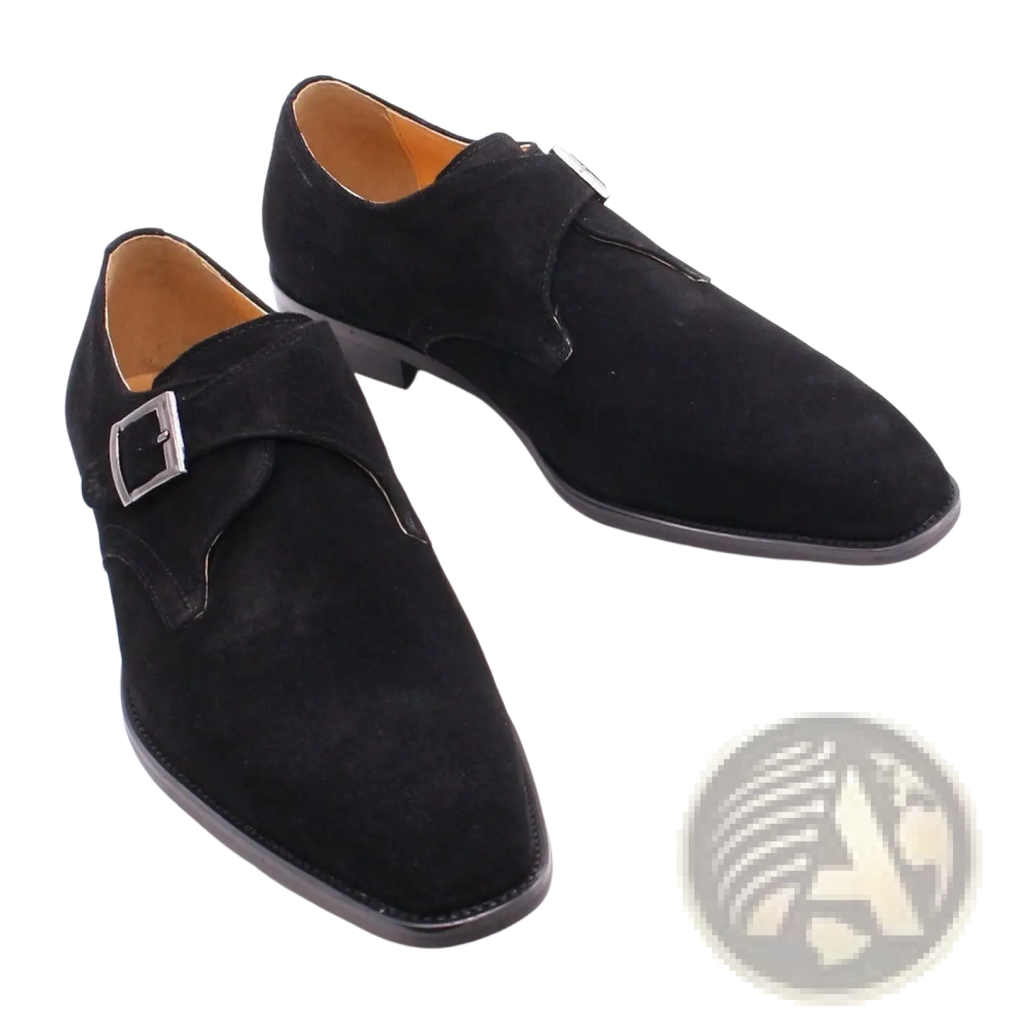 Black suede monk strap shoes with silver toned buckles handmade suede horsebit loafers for men business casual shoes