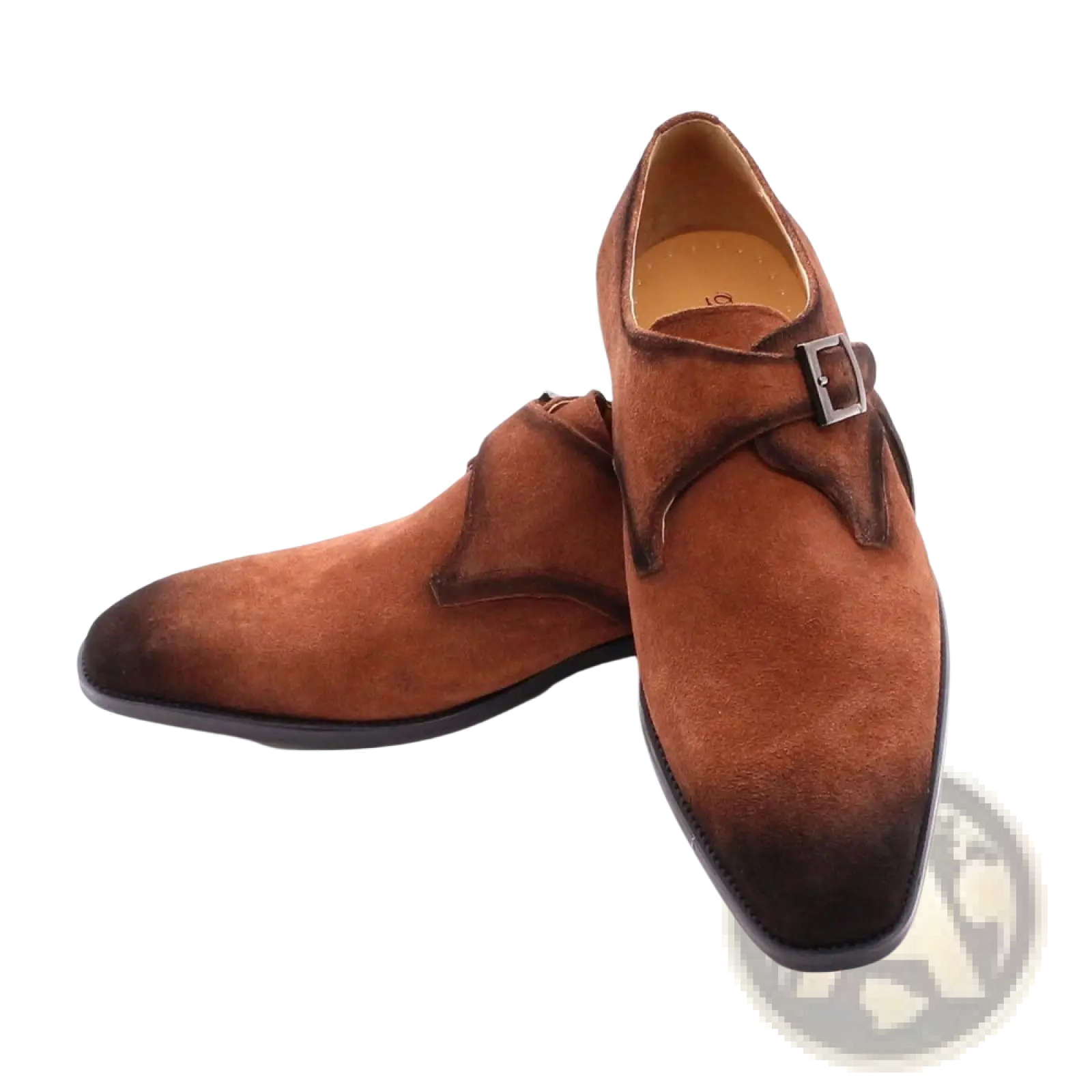 Handmade brown suede monk strap shoes with dark brown toe cap and silver buckle for men’s business casual wear
