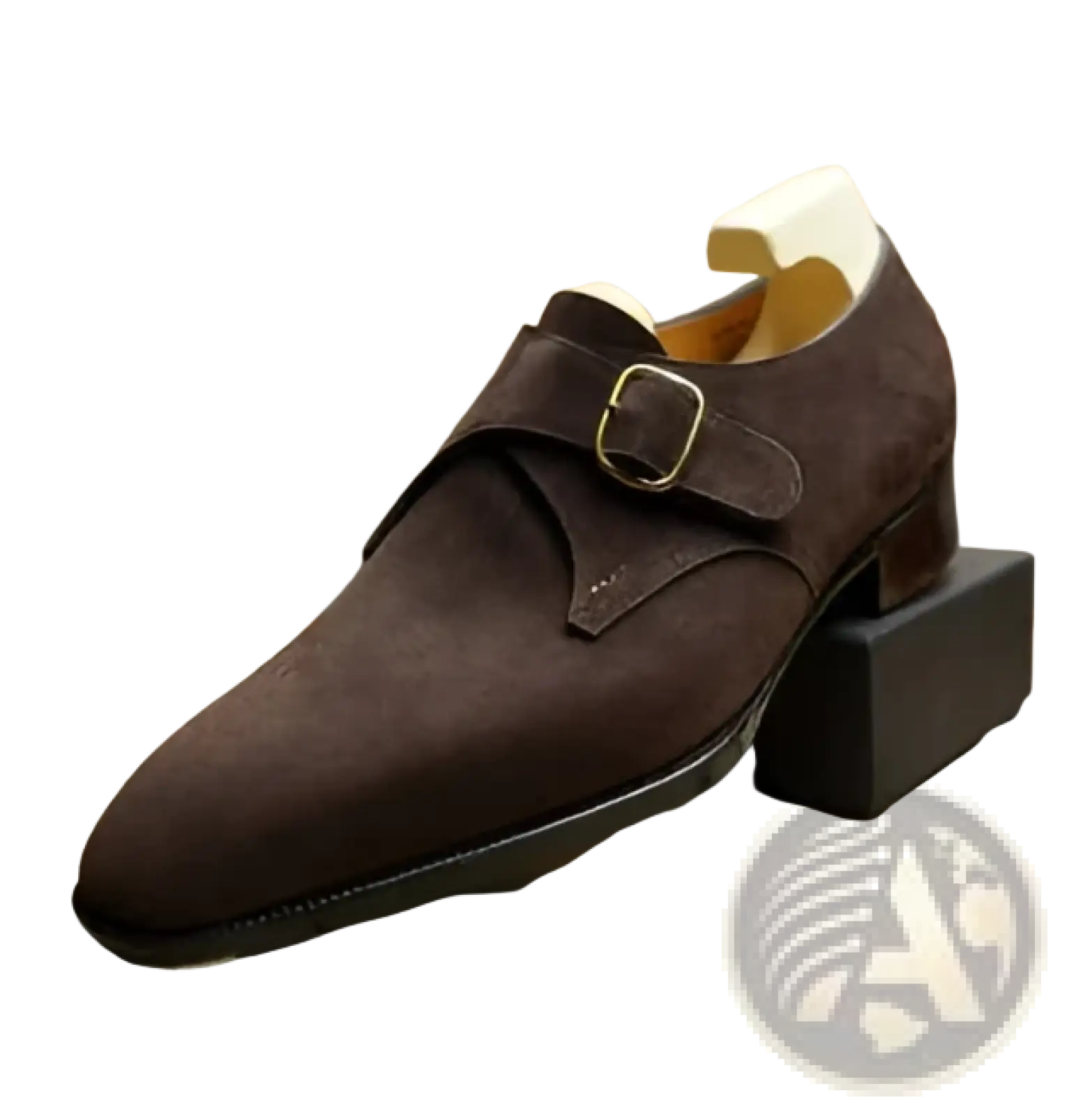 Handmade dark brown suede monk strap shoe with polished brass buckle for men’s business casual wear