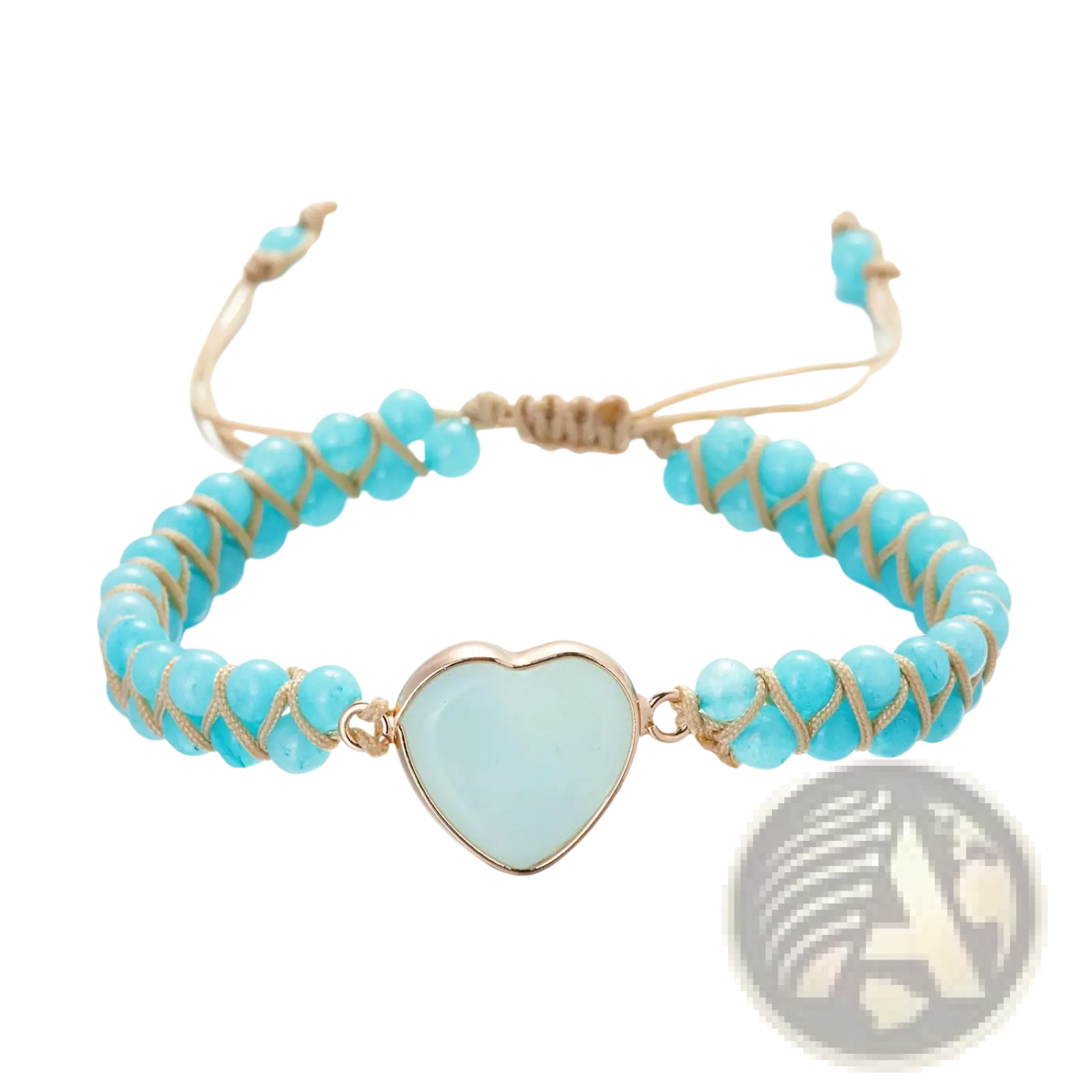 Handmade woven turquoise beaded bracelet with a gold-toned heart-shaped stone pendant