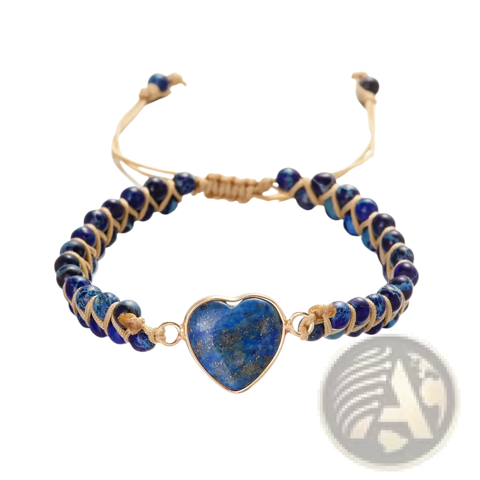 Handmade woven heart stone pendant bracelet featuring a delicate blue lapis lazuli heart with gold-tone frame and natural cord