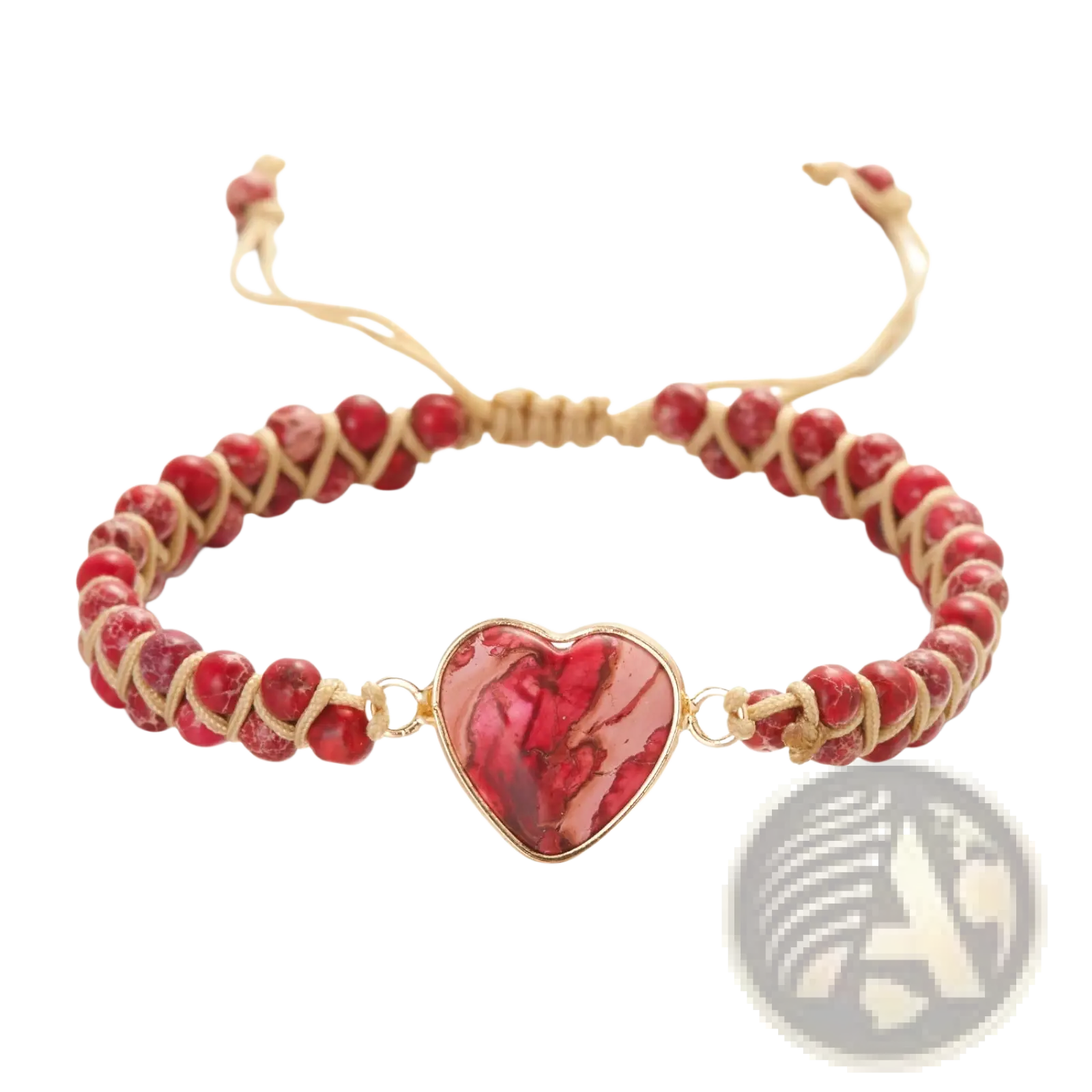 Handmade woven heart stone pendant bracelet featuring a red marbled heart set in gold metal with a red beaded cord