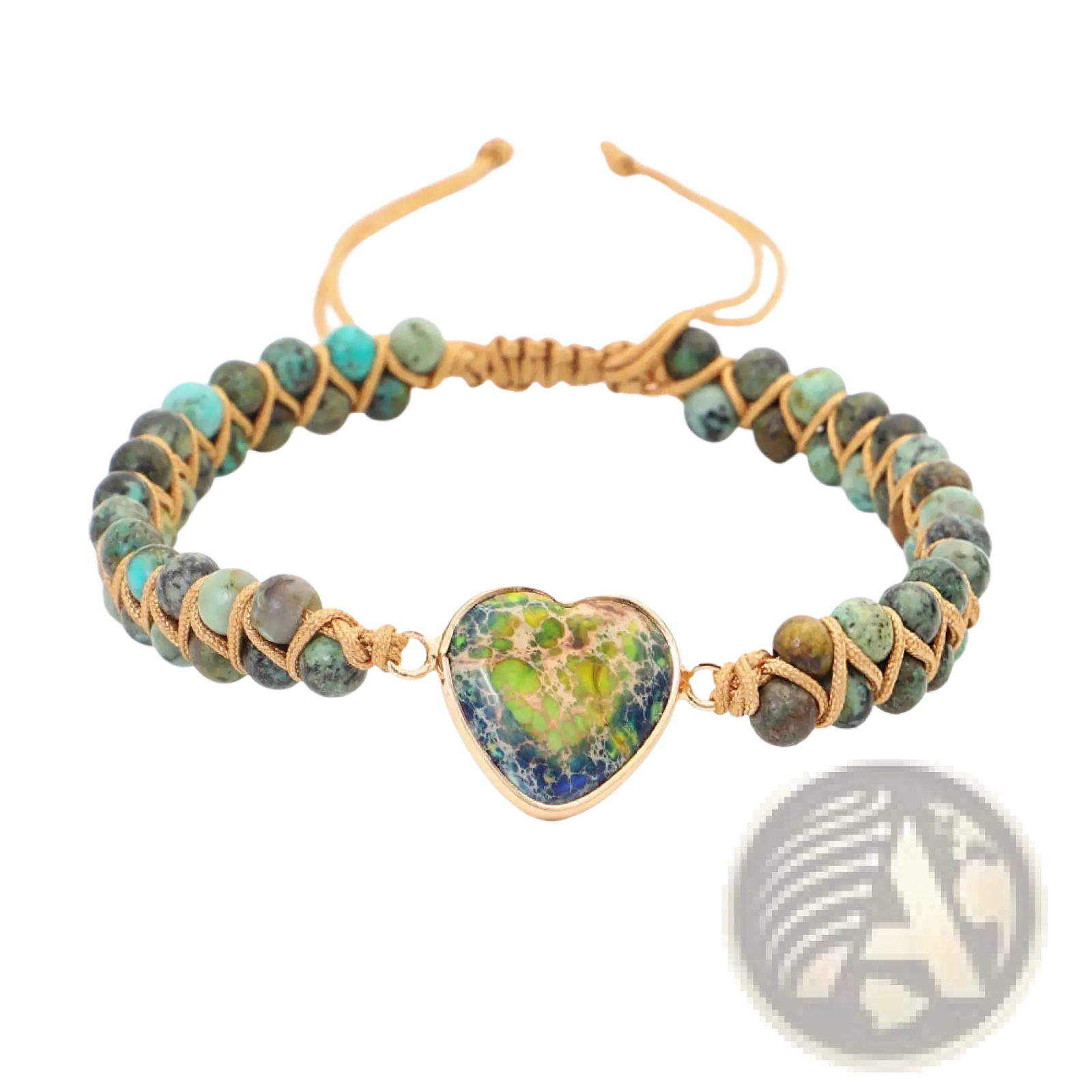 Handmade woven heart stone pendant bracelet with a marbled green blue yellow heart set in gold metal on turquoise beads