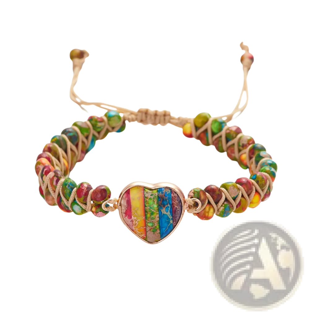 Handmade woven heart stone pendant bracelet with a colorful rainbow marbled heart in rose gold on a braided cord