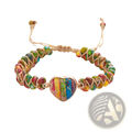 Handmade woven heart stone pendant bracelet with a colorful rainbow marbled heart in rose gold on a braided cord