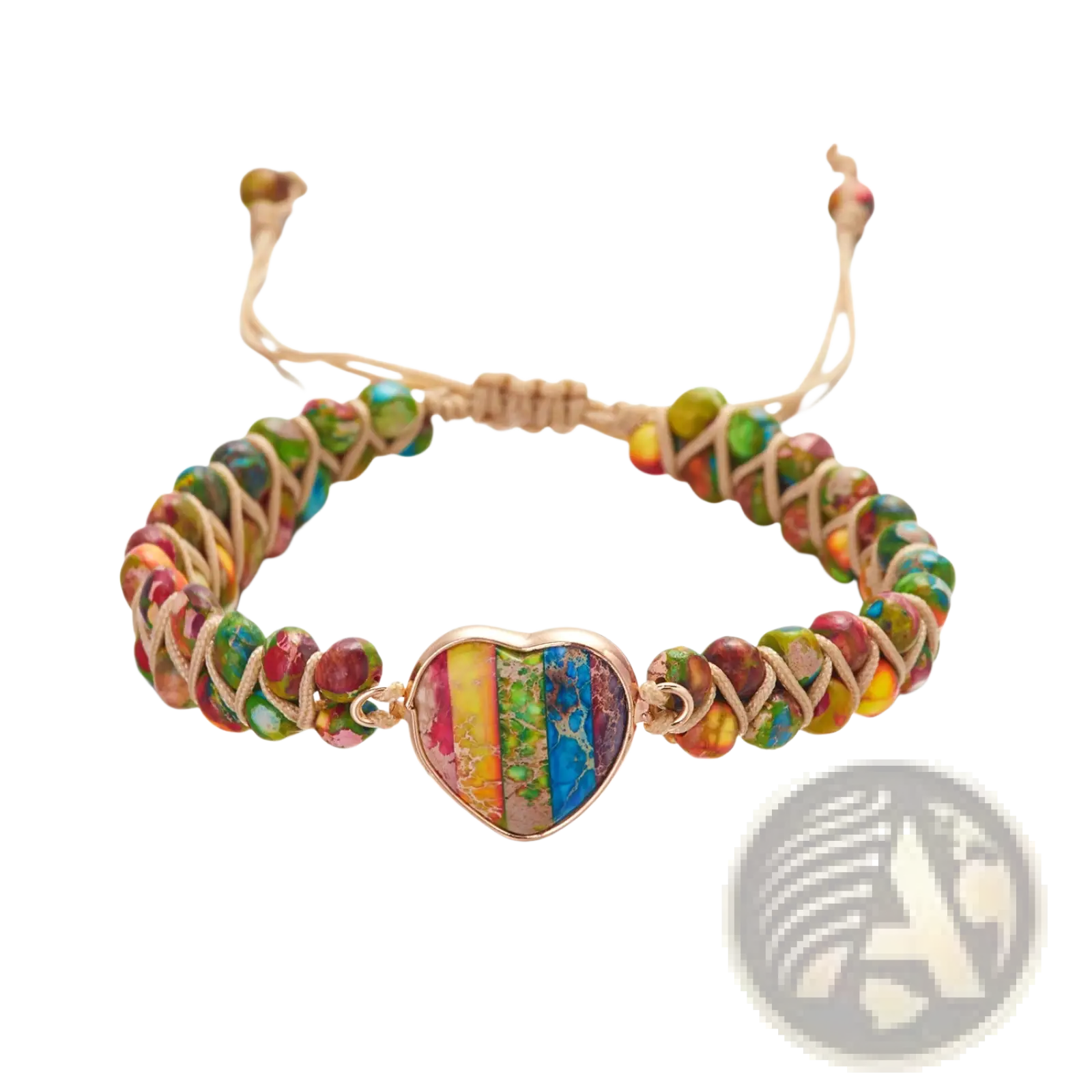 Handmade woven heart stone pendant bracelet with a colorful rainbow marbled heart in rose gold on a braided cord