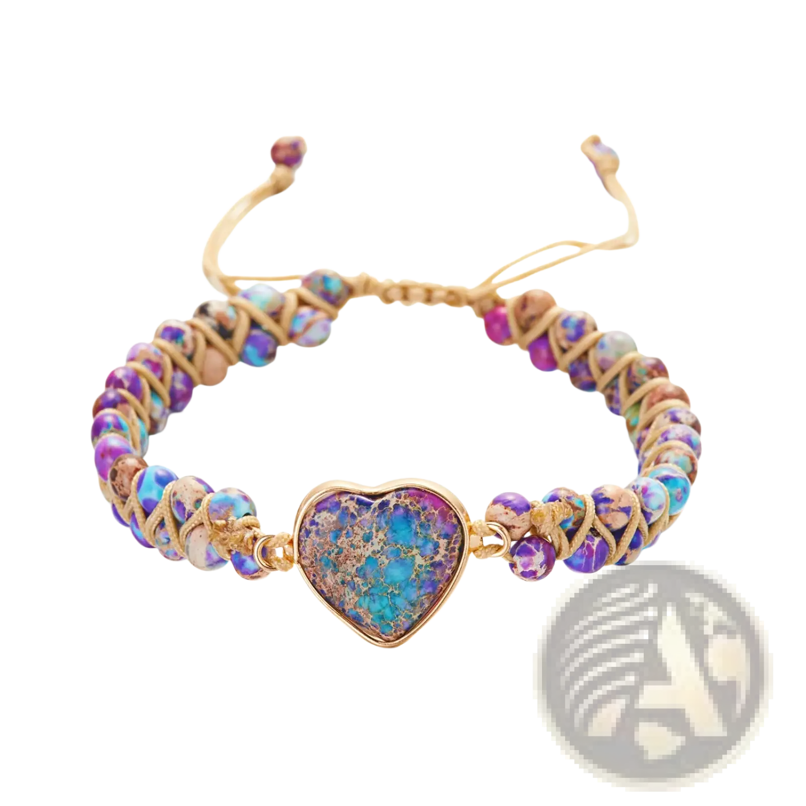 Handmade woven heart stone pendant bracelet with a swirling blue and purple opalescent stone set in gold metal