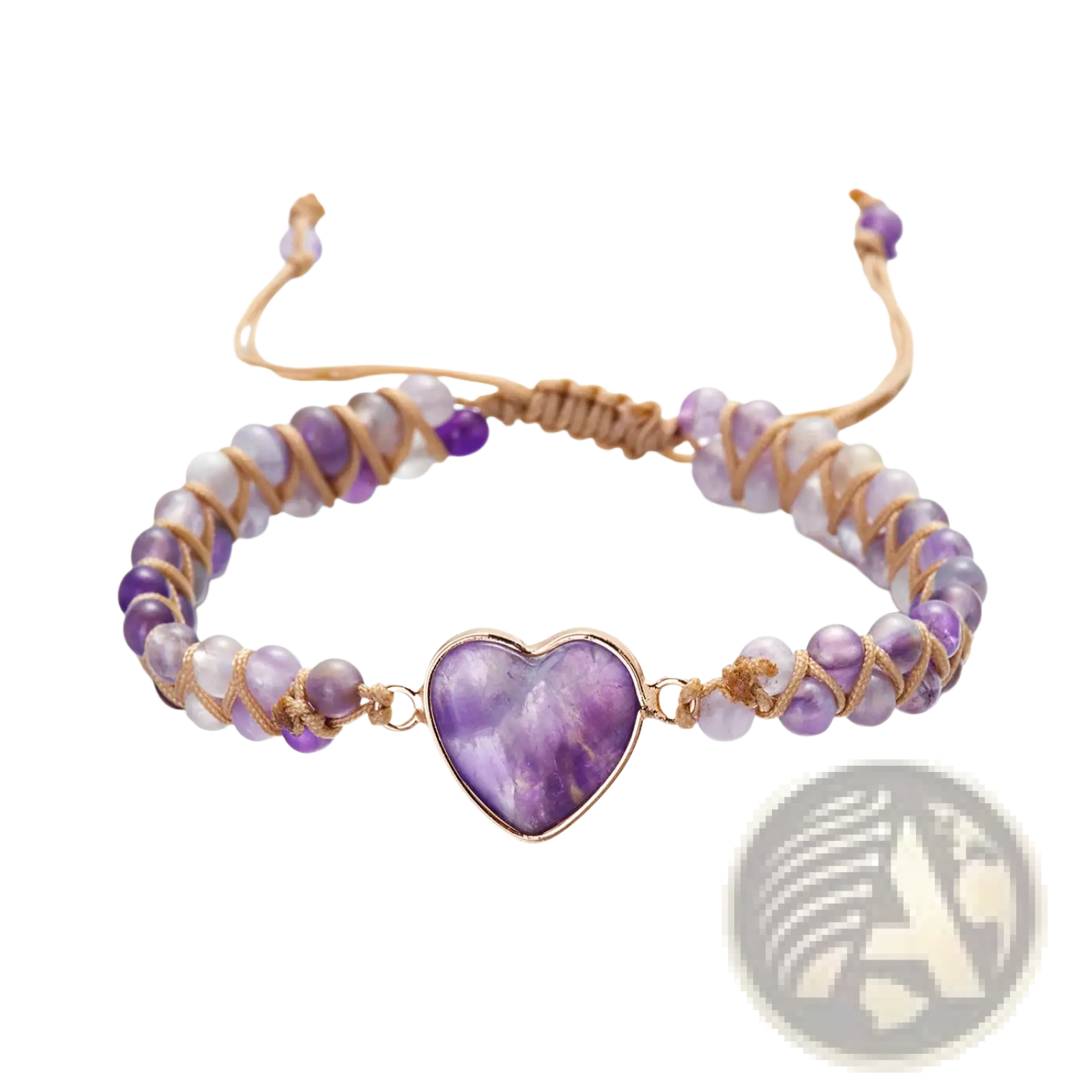 Handmade woven heart stone pendant bracelet with purple amethyst heart charm and mixed lavender and clear beads