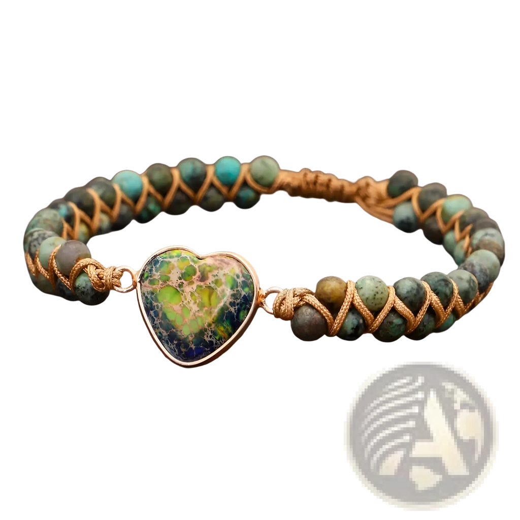 Handmade woven heart stone pendant bracelet with green blue marbled stone set in rose gold metal on turquoise brown beads