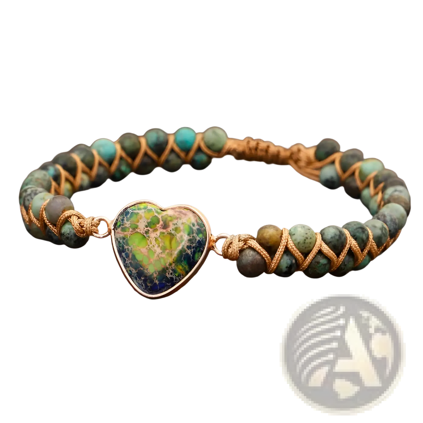 Handmade woven heart stone pendant bracelet with green blue marbled stone set in rose gold metal on turquoise brown beads