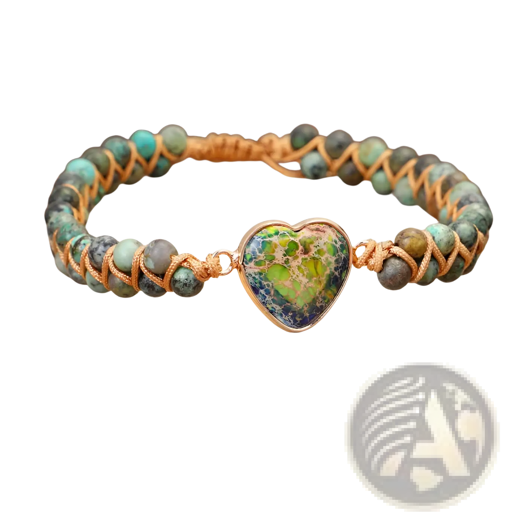 Handmade woven heart stone pendant bracelet with a green and blue marbled stone set in gold-toned metal and beaded strands