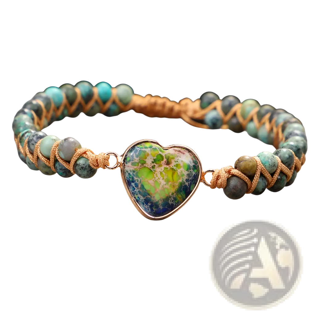 Handmade woven heart stone pendant bracelet with a green and blue marbled heart set in gold and turquoise beads