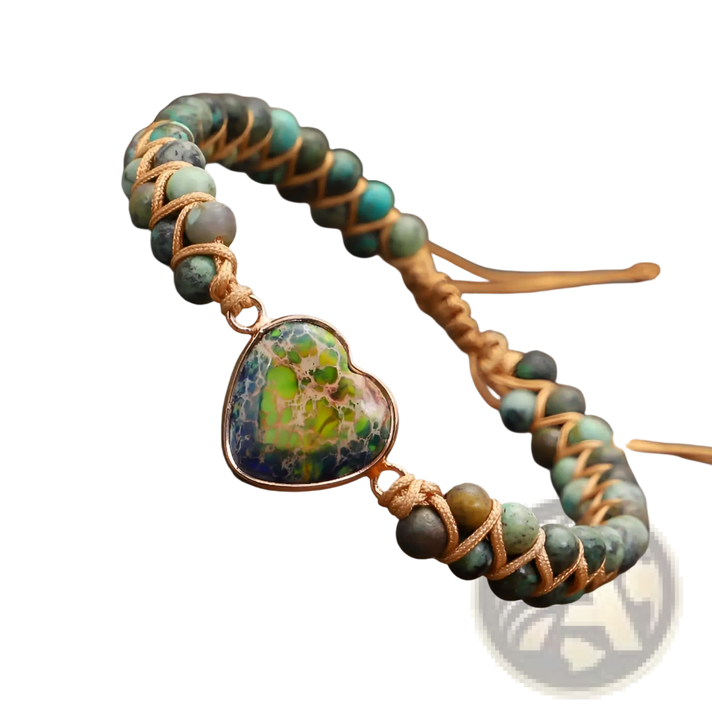 Handmade woven heart stone pendant bracelet with a rose gold heart pendant featuring green and blue swirl pattern