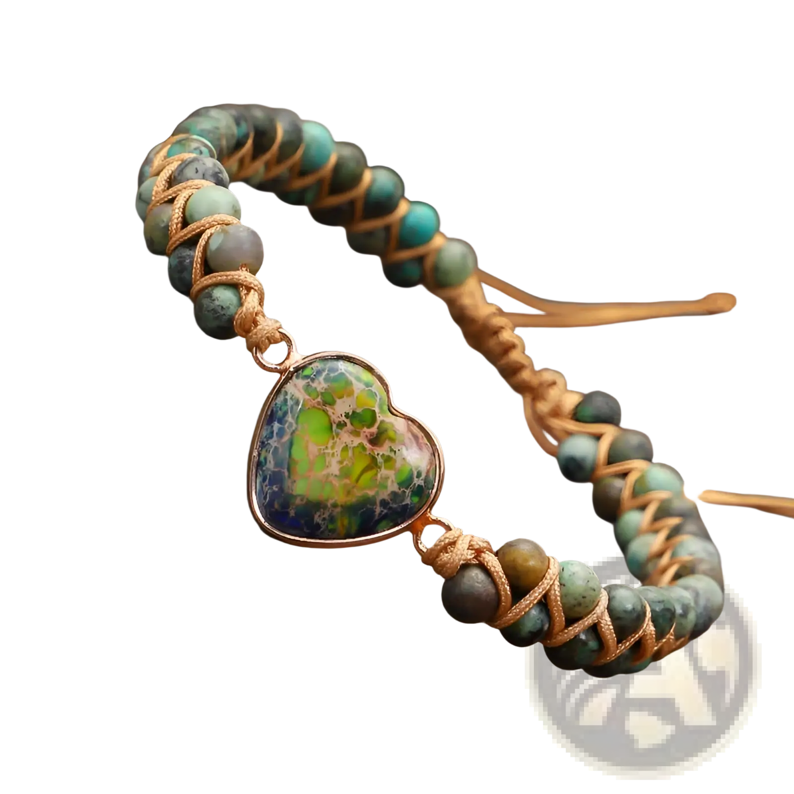 Handmade woven heart stone pendant bracelet with a rose gold heart pendant featuring green and blue swirl pattern