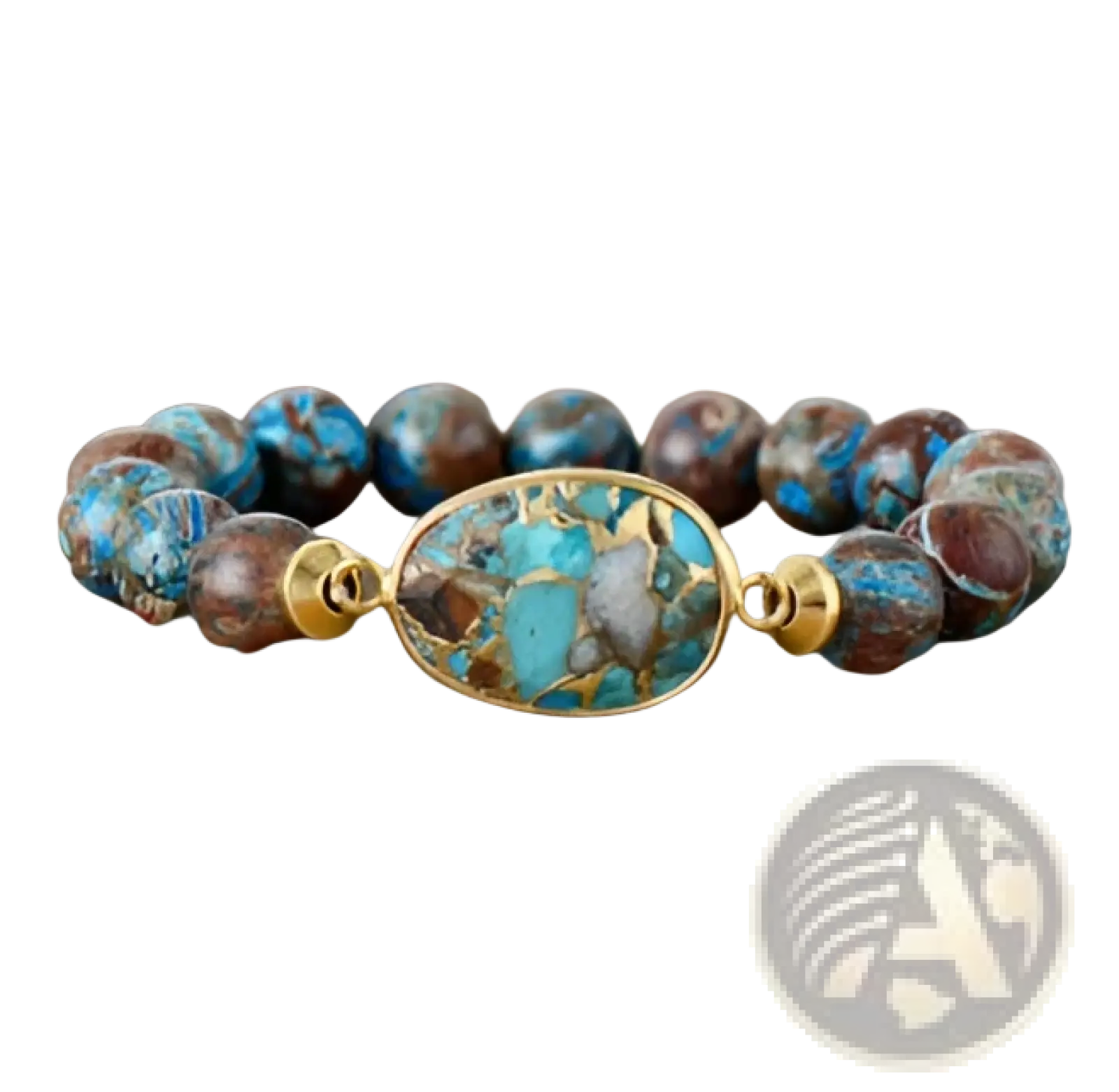 Handmade woven heart stone pendant bracelet with turquoise and gold-toned beads featuring an oval stone accent