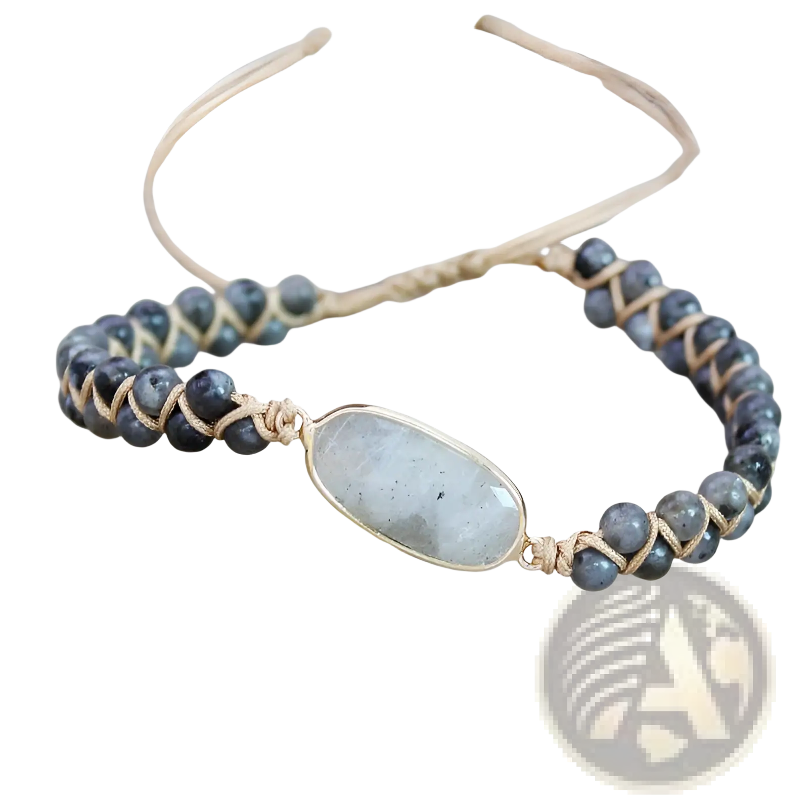 Handmade woven heart stone pendant bracelet with dark blue gray labradorite beads gold cord and silver oval stone