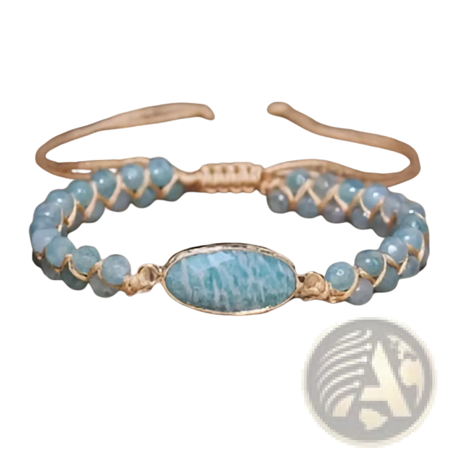 Handmade woven heart stone pendant bracelet featuring a turquoise-blue aventurine stone with gold-toned thread wrap