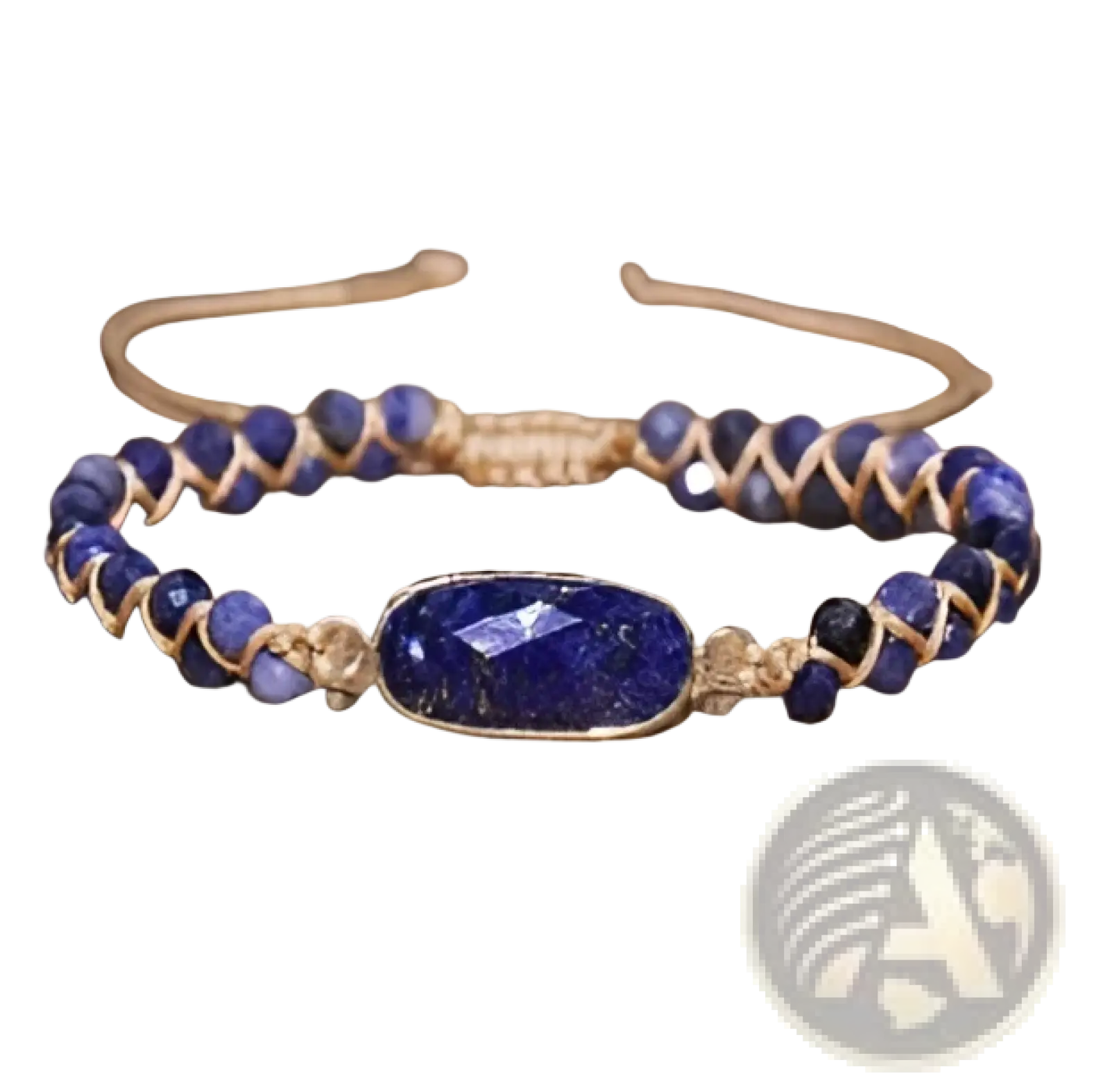 Handmade woven heart stone pendant bracelet featuring deep blue lapis lazuli beads and gold-toned metal accents