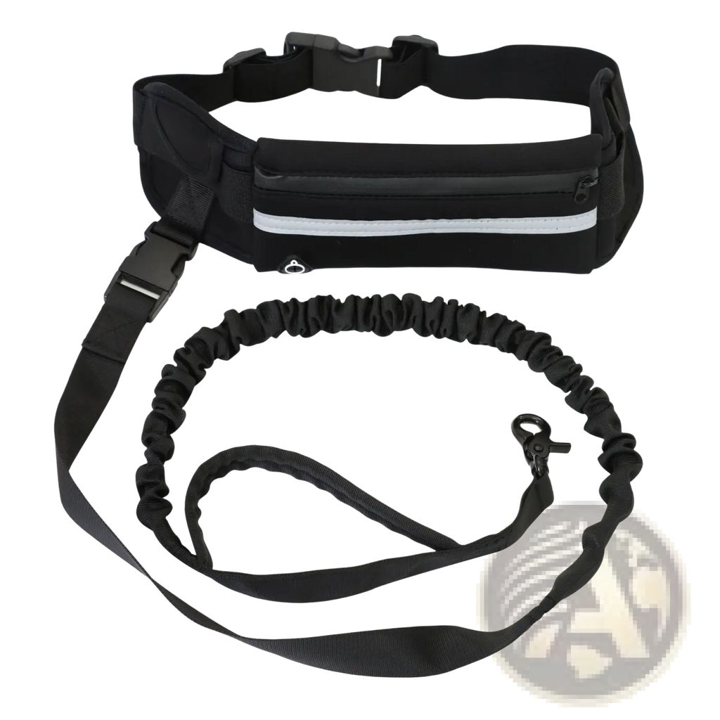 Black athletic waist pack with reflective strip and matching elastic leash for hands-free dog walking set