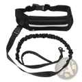 Black athletic waist pack with reflective strip and matching elastic leash for hands-free dog walking set