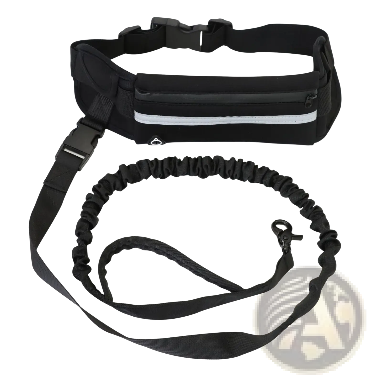 Black athletic waist pack with reflective strip and matching elastic leash for hands-free dog walking set
