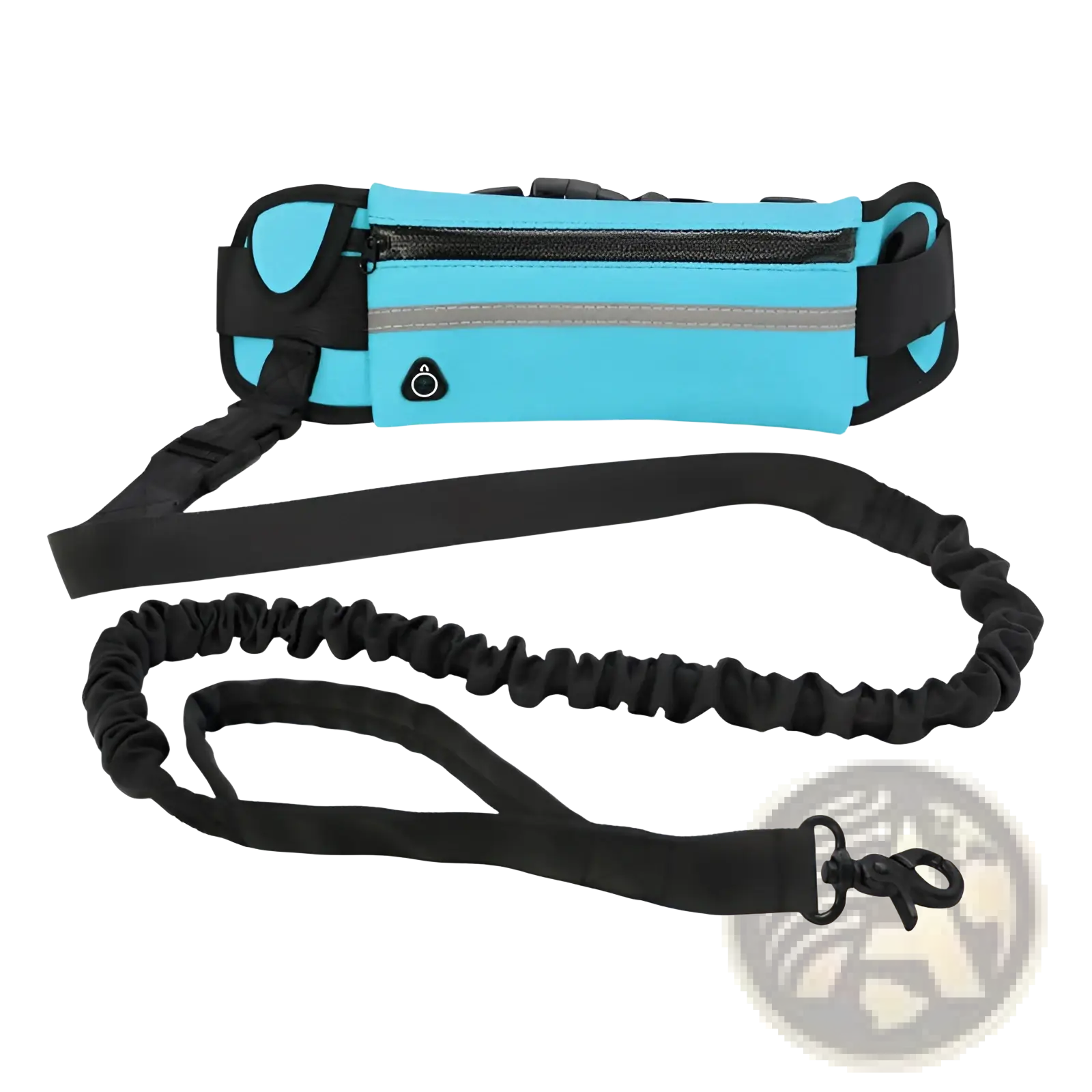 Turquoise and black athletic waist pack with reflective strip elasticated strap and adjustable buckle for hands-free dog walking