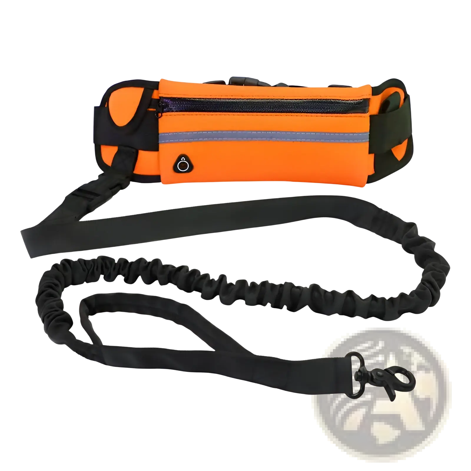 Bright orange hands-free dog walking belt and leash set with black accents, reflective strip, adjustable strap, and elastic leash
