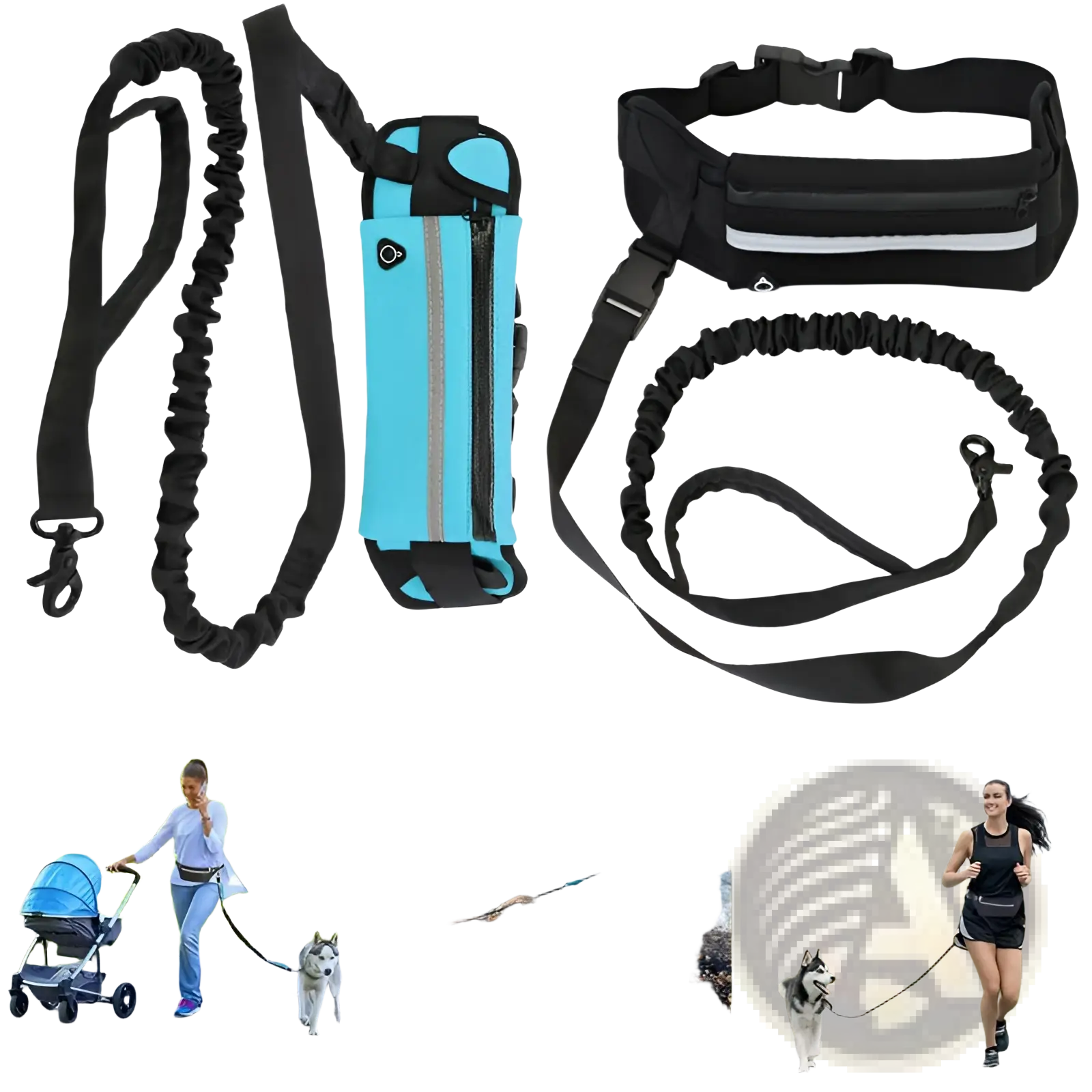 Black elastic hands-free dog walking leash with adjustable strap metal clasp paired with turquoise reflective pet carrier