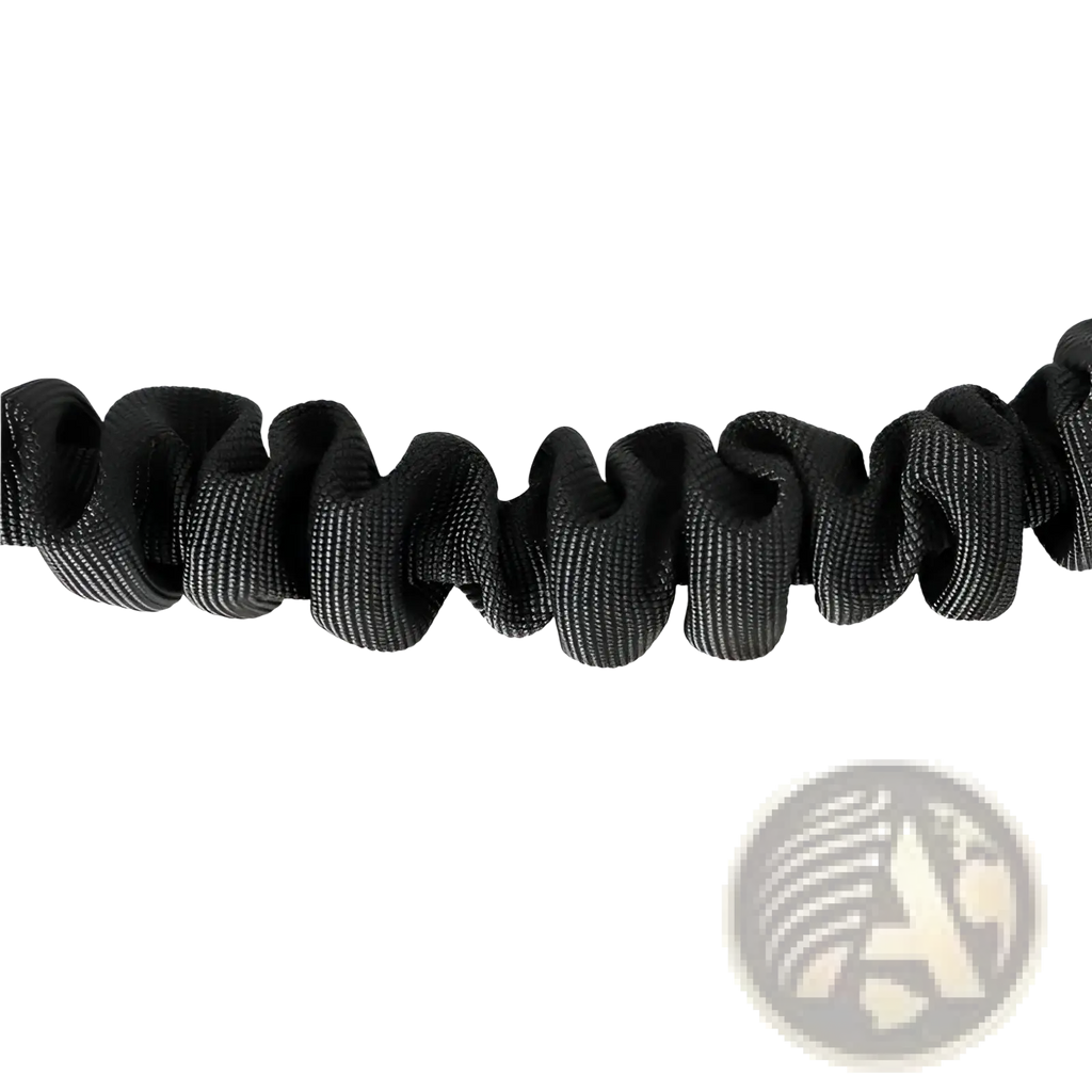 Black elastic cord with textured woven fabric surface for hands-free dog walking belt and leash set
