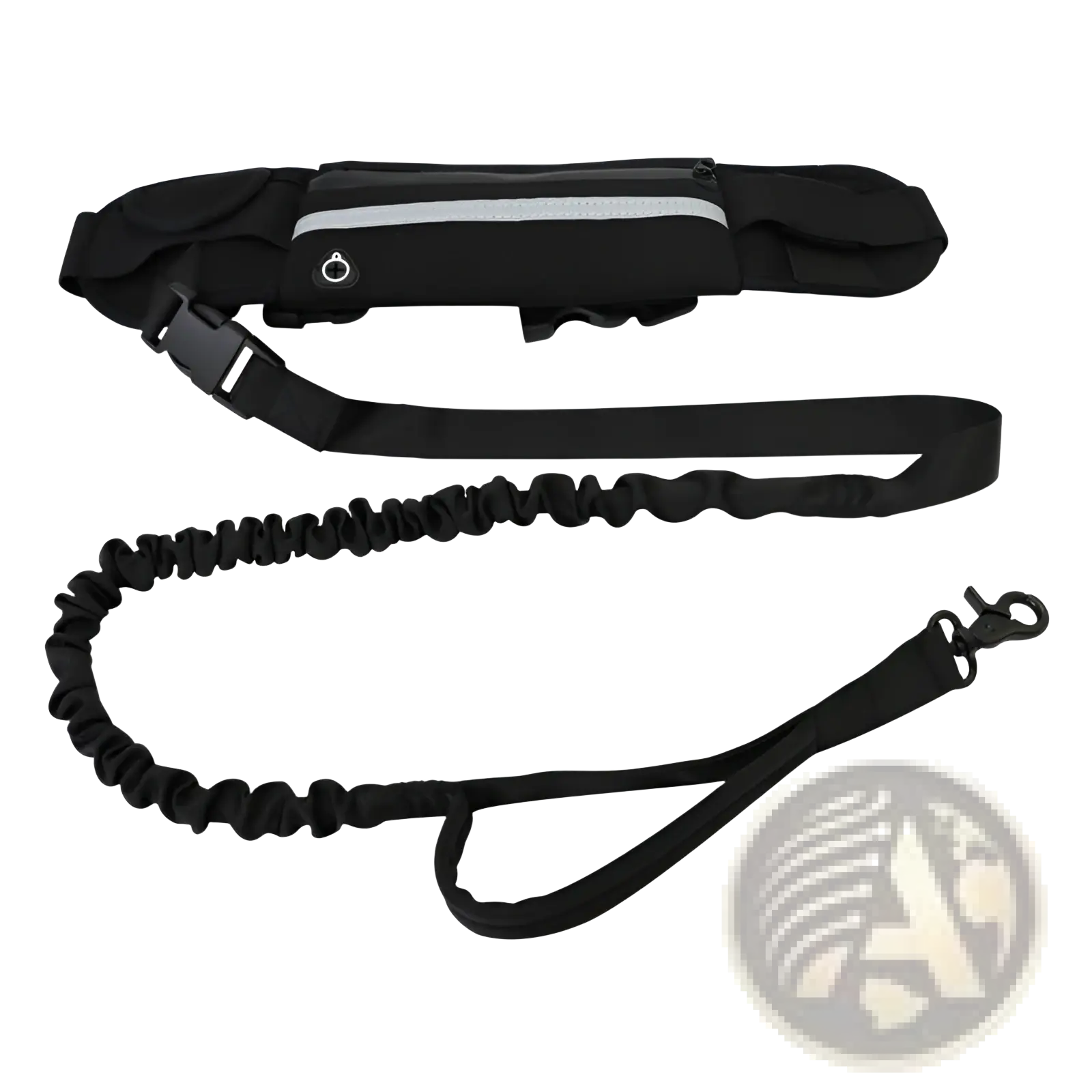 Black hands-free dog walking belt with reflective strip and adjustable strap paired with matching elastic leash