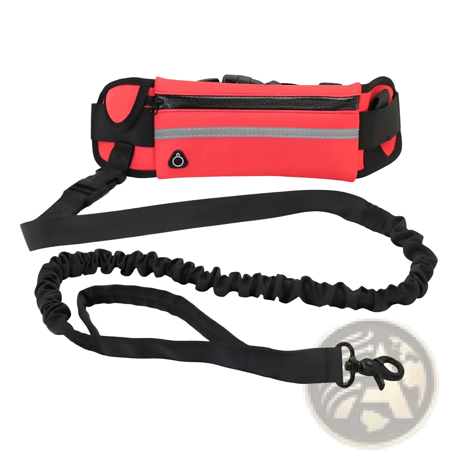 Red and black athletic hands-free dog walking belt with reflective strip and adjustable strap for secure leash control