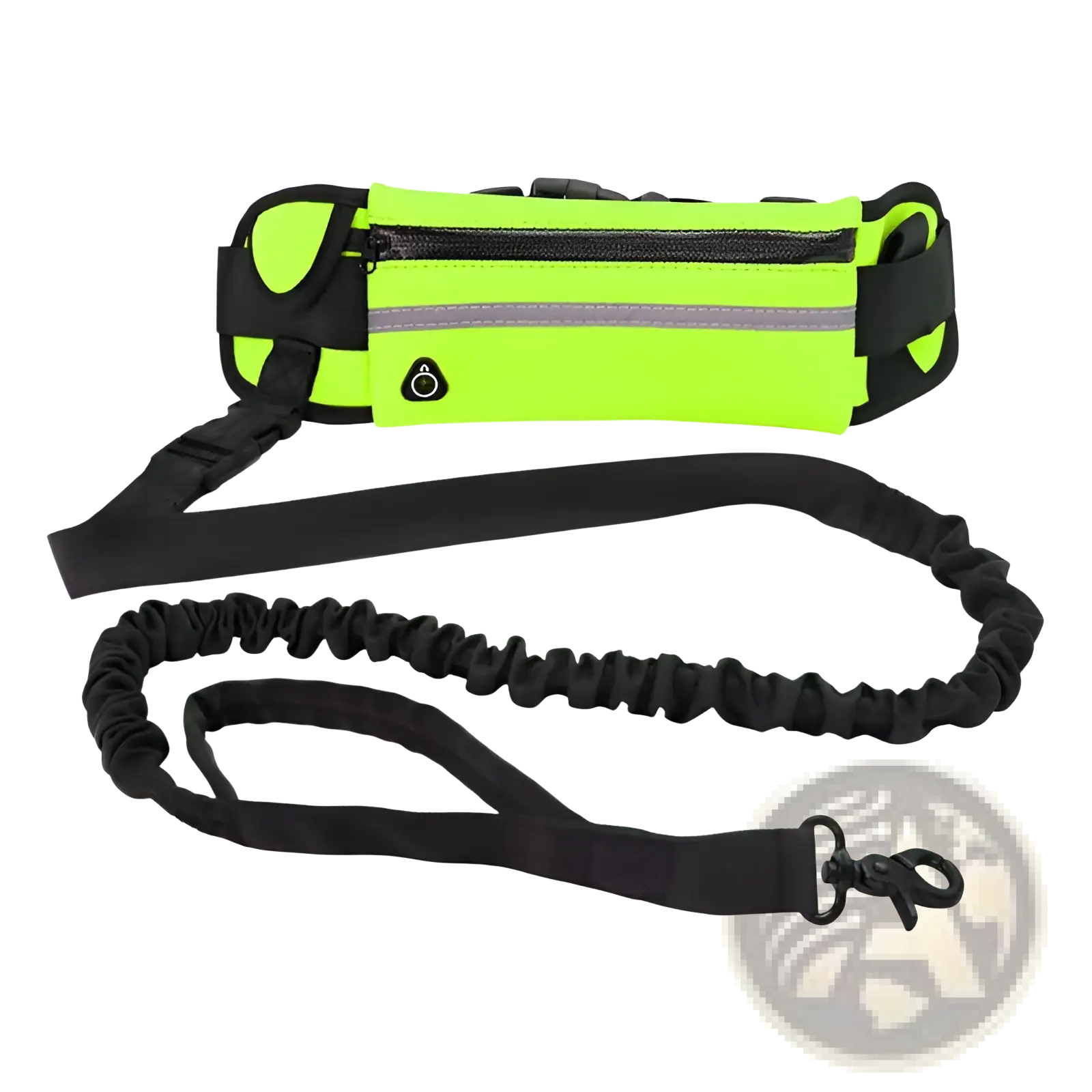 Hands-free dog walking belt and leash set with a bright neon green running belt, black straps, reflective strip, zipper pocket, and adjustable elastic band