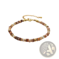 Handwoven rainbow shell beaded bracelet with gold clasp featuring earthy-toned polished stone beads and gold-tone spacers