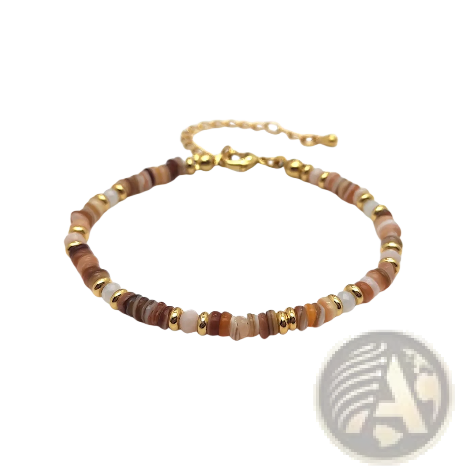 Handwoven rainbow shell beaded bracelet with gold clasp featuring earthy-toned polished stone beads and gold-tone spacers
