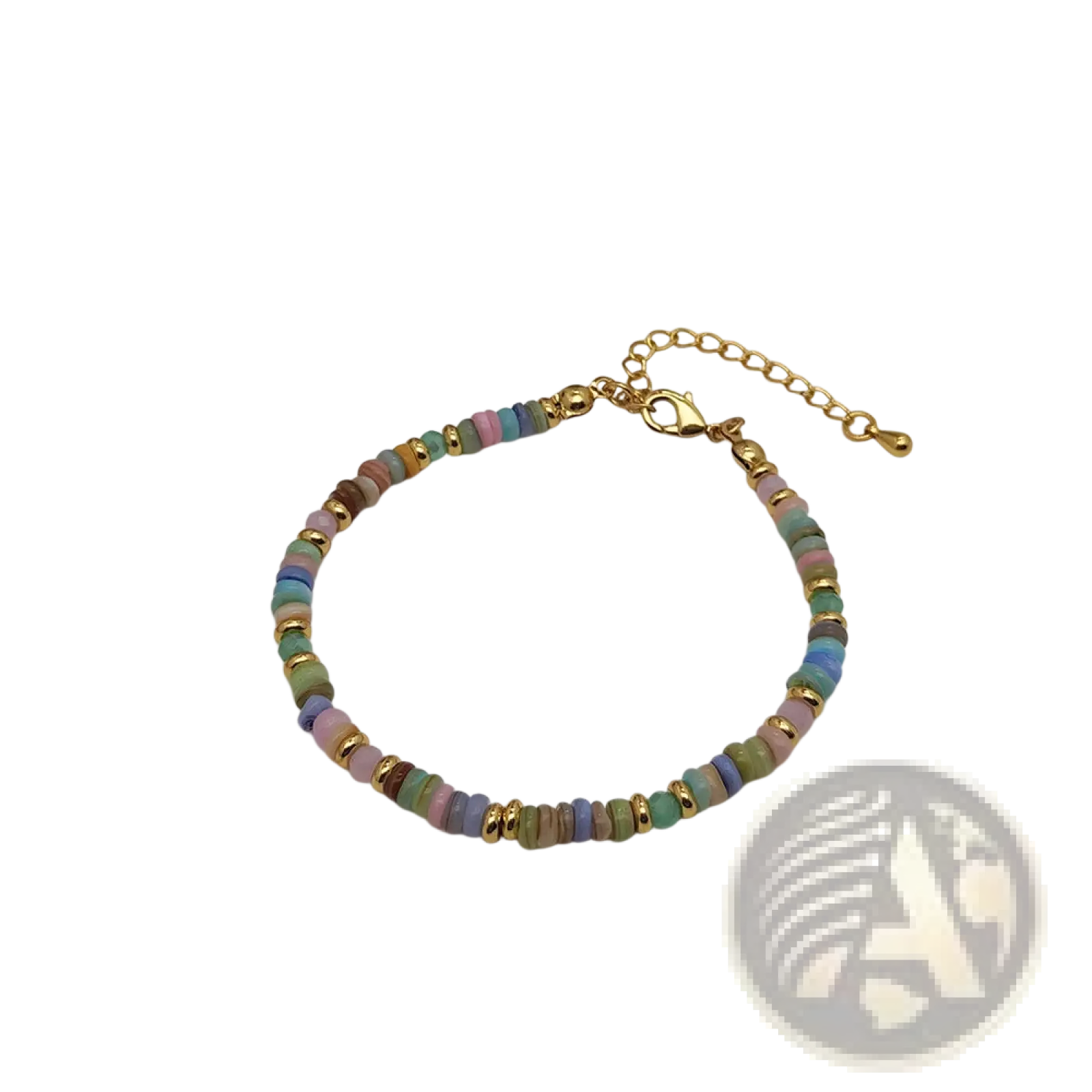 A delicate handwoven rainbow shell beaded bracelet with gold clasp featuring pastel and earthy toned beads