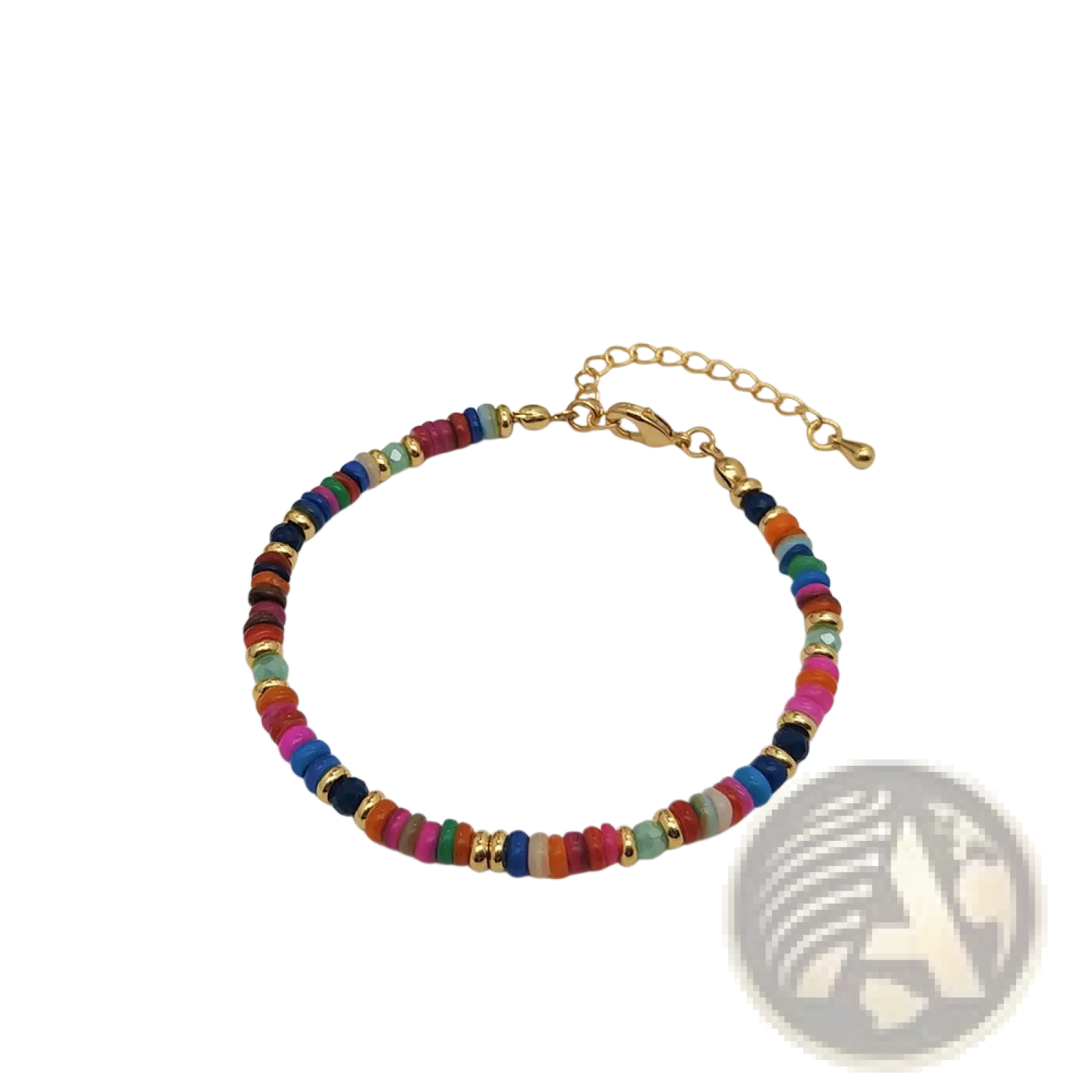 Handwoven rainbow shell beaded bracelet with vibrant multicolored beads and gold-toned clasp and chain