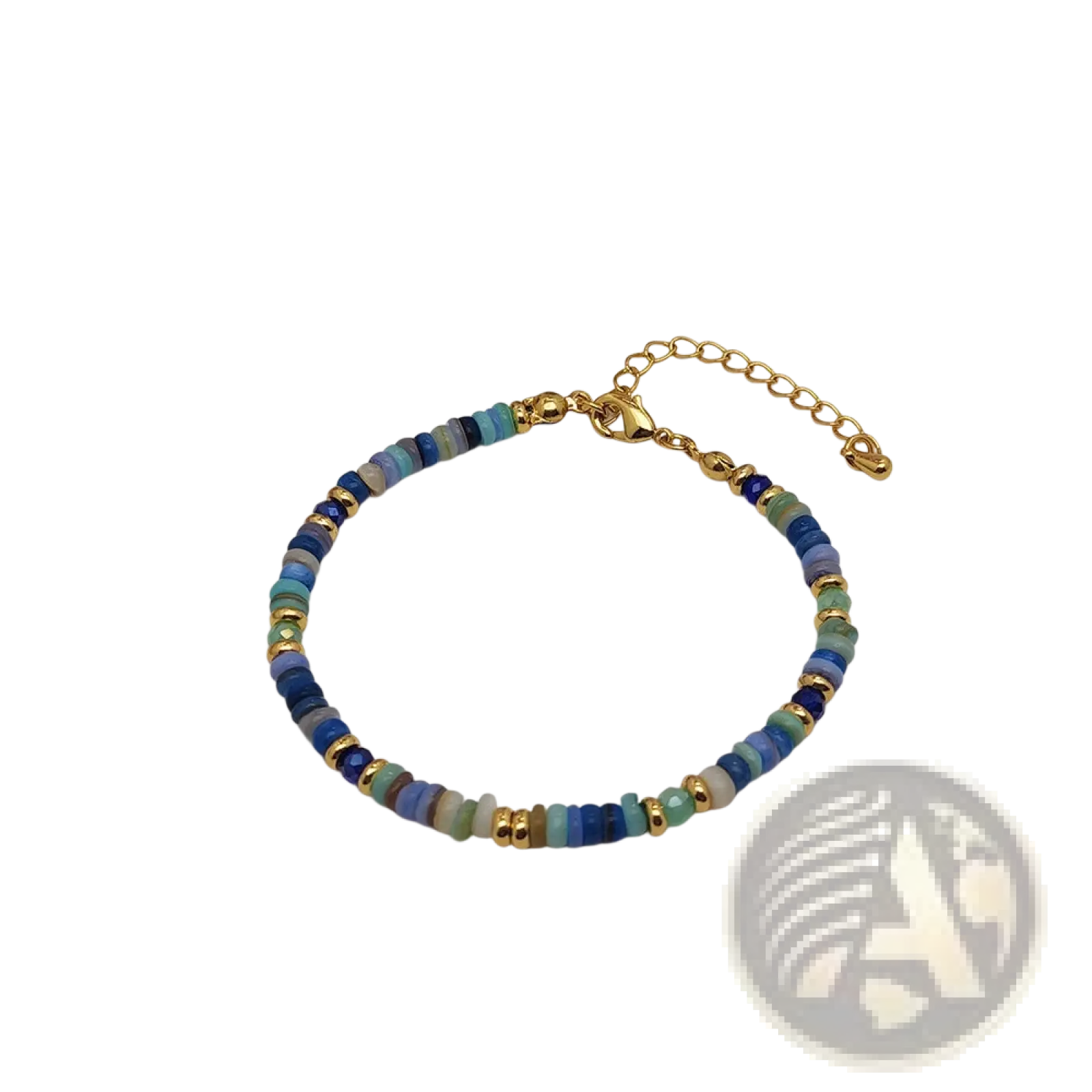 Handwoven rainbow shell beaded bracelet with blue green gold beads and a gold-toned chain clasp