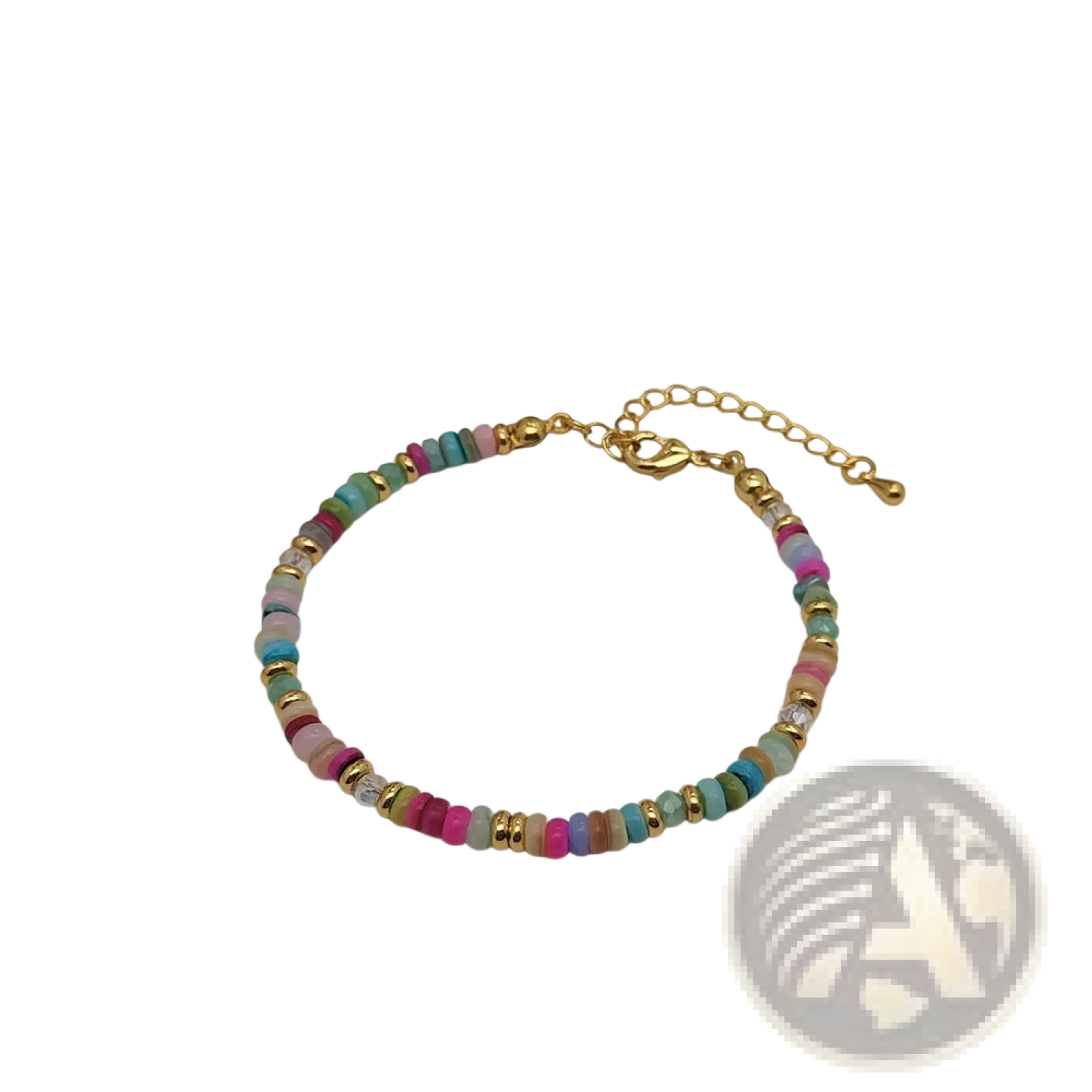 Handwoven rainbow shell beaded bracelet with gold clasp featuring multicolored round beads in pink teal green and mauve