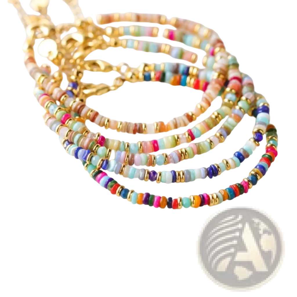 Handwoven rainbow shell beaded bracelet with multicolored cylindrical beads and gold-toned metal clasp
