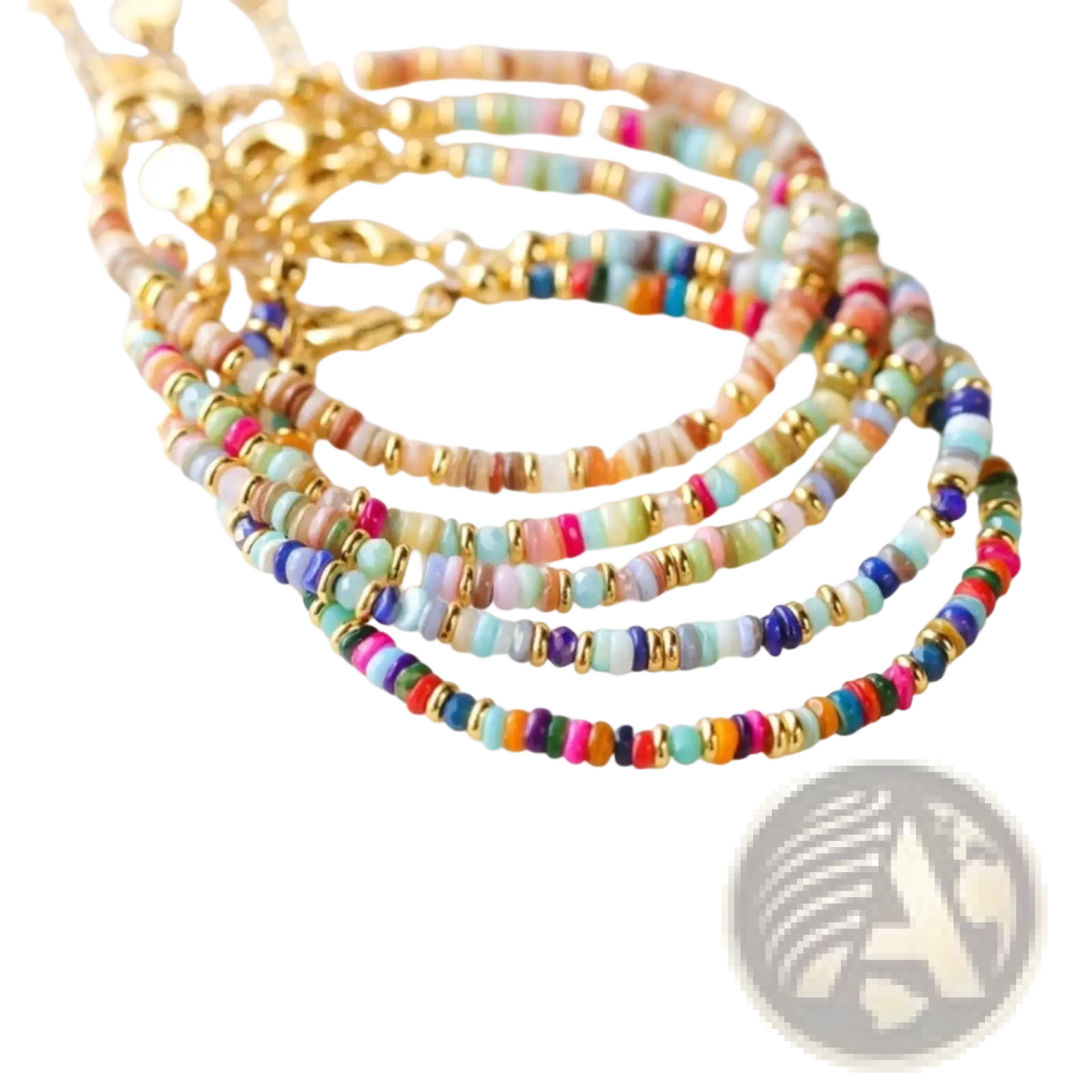 Handwoven rainbow shell beaded bracelet with multicolored cylindrical beads and gold-toned metal clasp