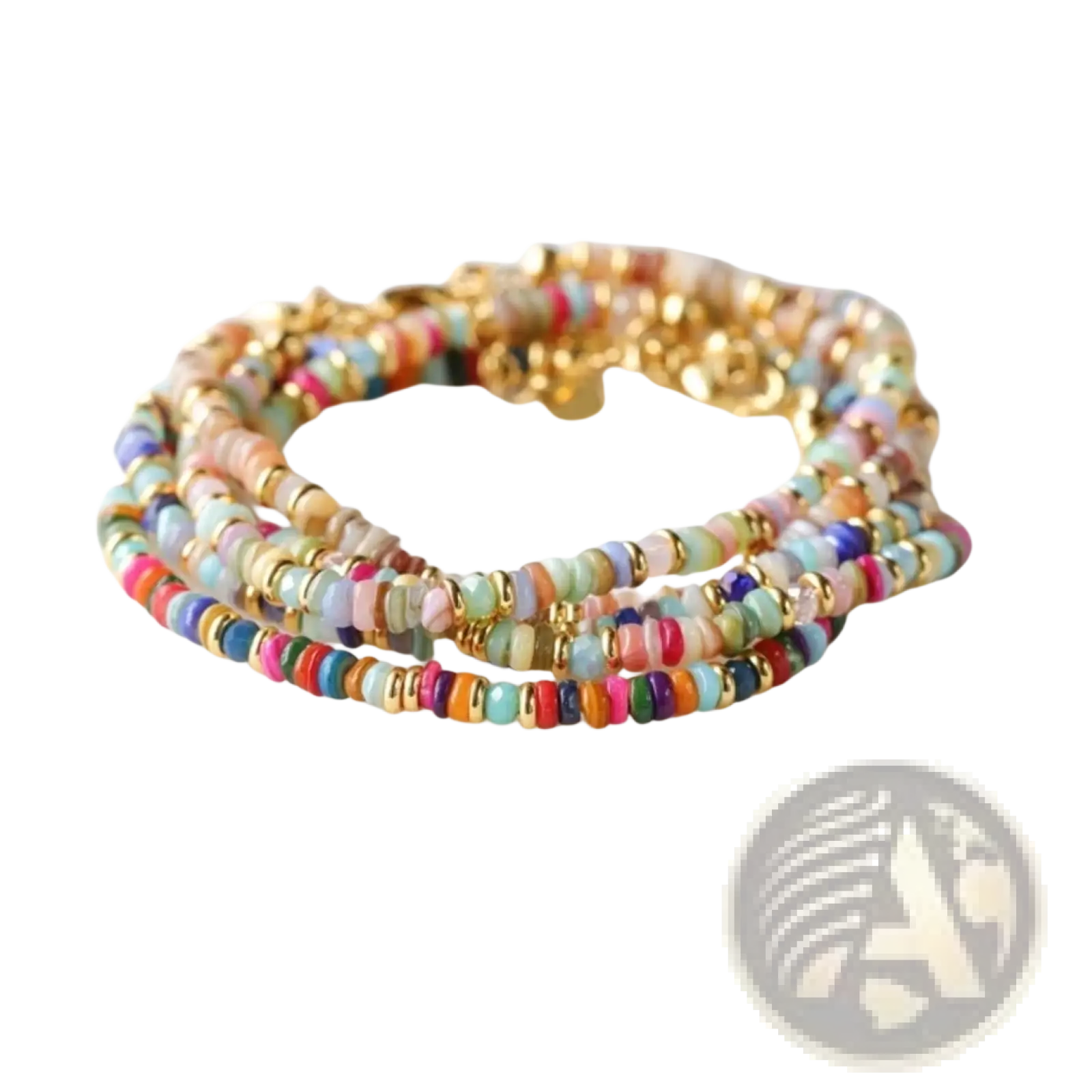 Handwoven rainbow shell beaded bracelet with multicolored cylindrical beads and gold-toned metal clasp accents