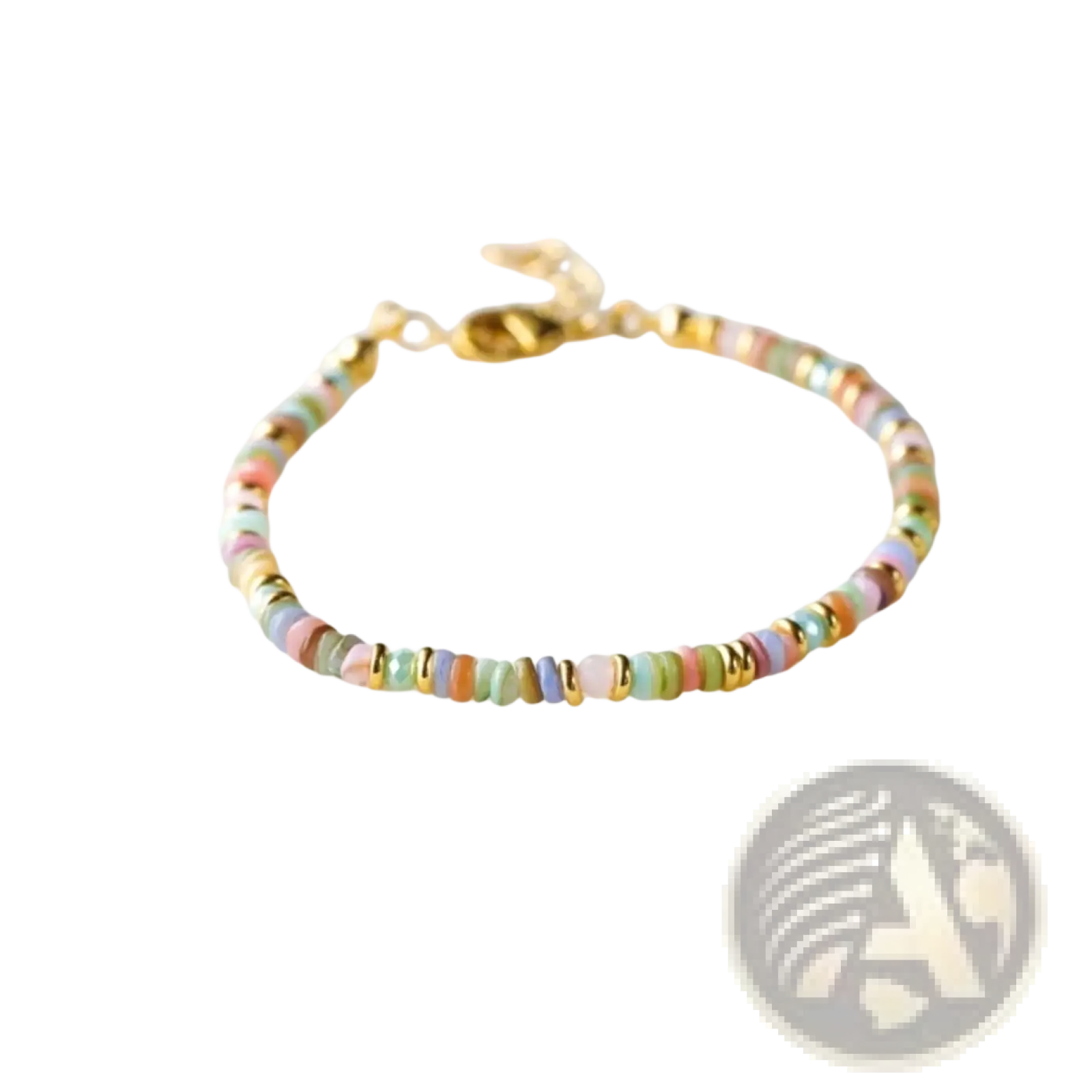 Handwoven rainbow shell beaded bracelet with pastel beads and gold-toned metal clasp and spacer beads