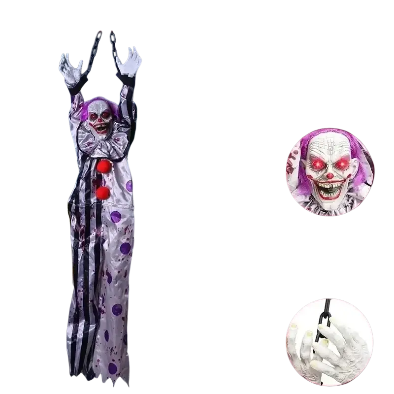 Hanging animated clown halloween prop 150cm tall with glowing red eyes purple and white polka-dotted fabric costume