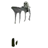 Black and white striped belt with metallic buckle featured on the hanging animated clown halloween prop with red eyes