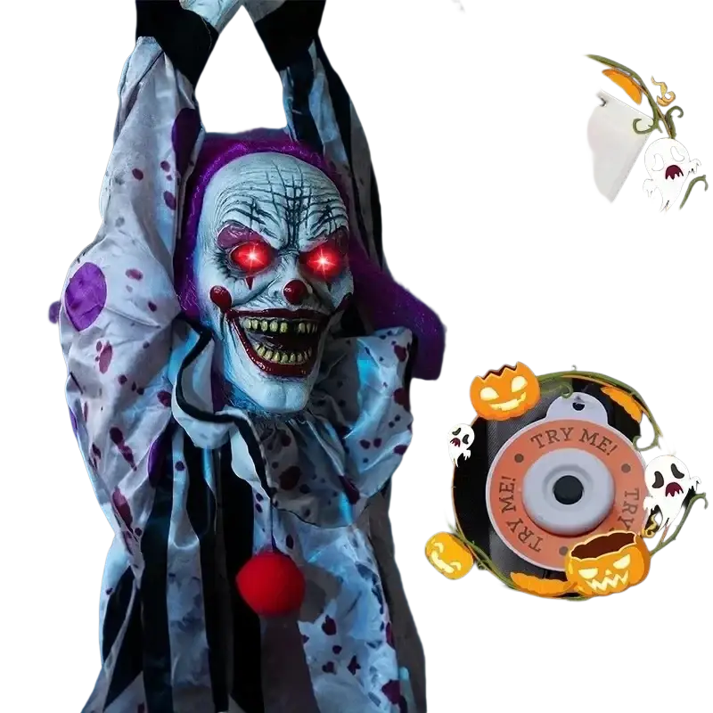 Hanging animated clown halloween prop with menacing red glowing eyes purple hair and white outfit with dark stains