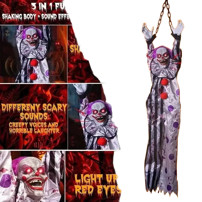 A hanging animated clown Halloween prop with red glowing eyes wearing a silver and black striped outfit with purple dots