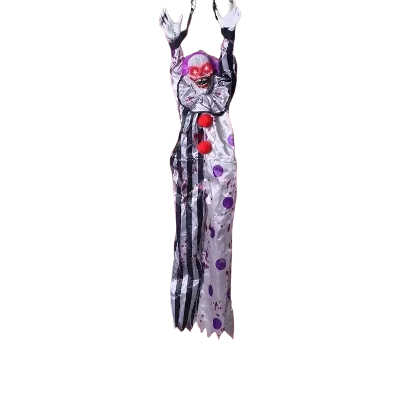 Hanging animated clown halloween prop with red eyes silver and black with purple polka dots and red pom-poms on door